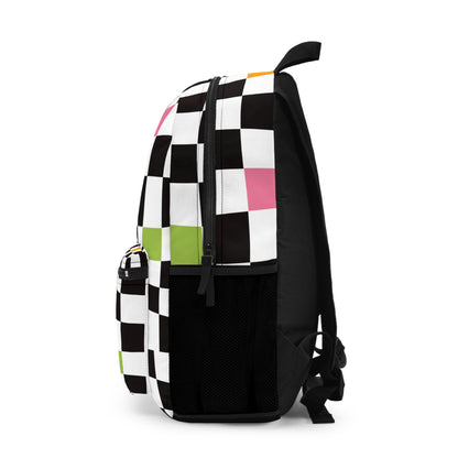 Colorful checkered backpack for teens featuring a mix of pink, green, and black patterns