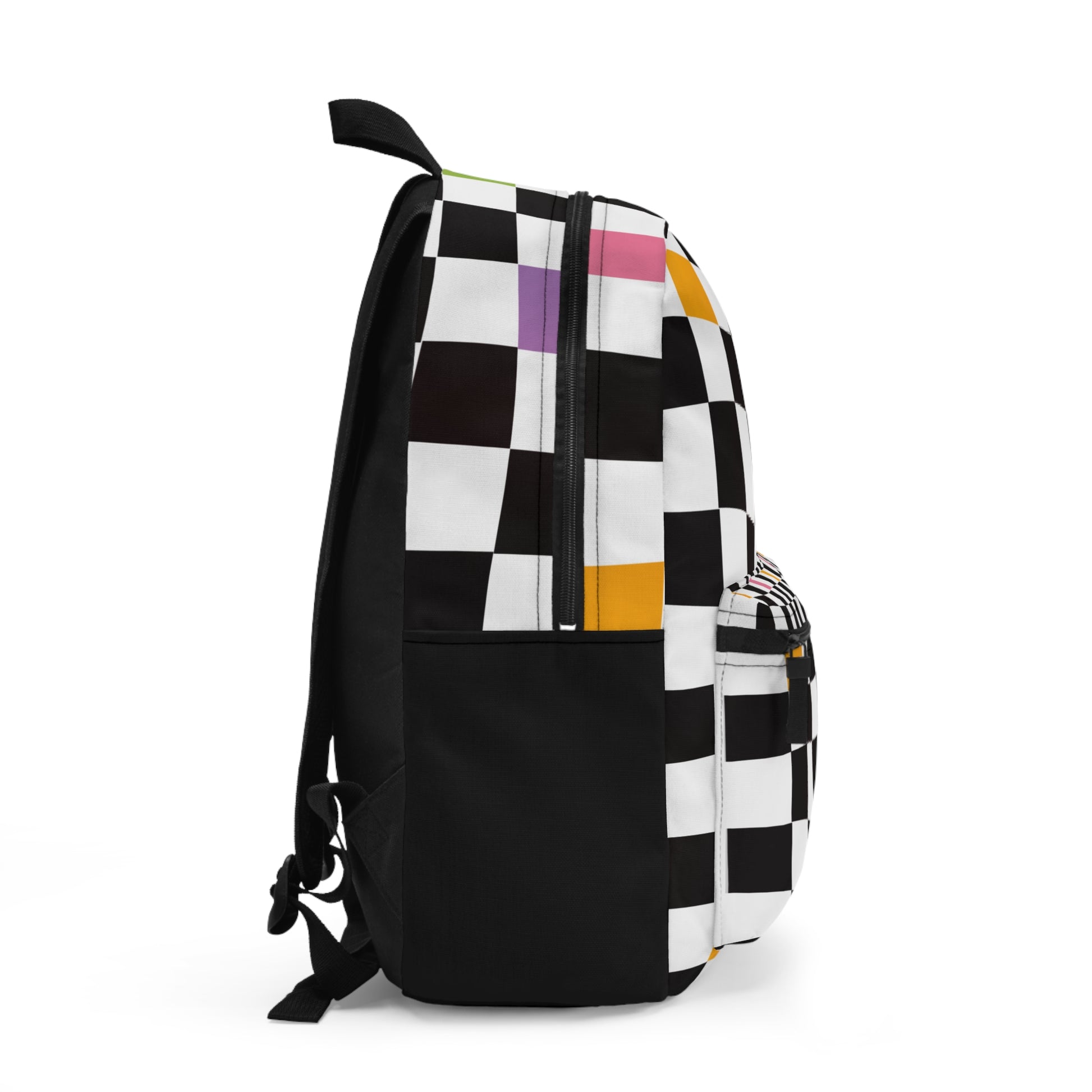 Side view of a LuckeLadybug checkered backpack for teens with vibrant colors and a large pocket