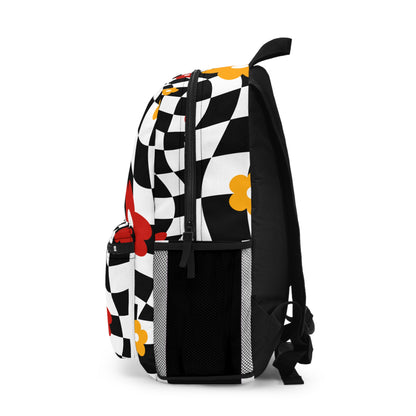 LuckeLadybug checkered backpack for teens with vibrant floral design and side pockets