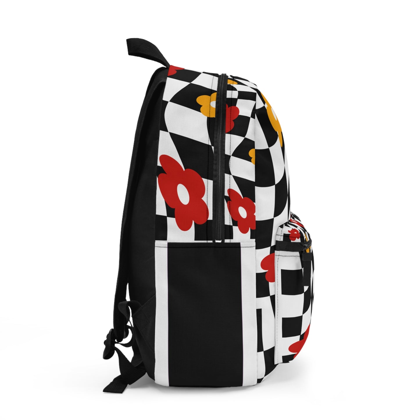 LuckeLadybug checkered backpack for teens featuring colorful flowers and a spacious design