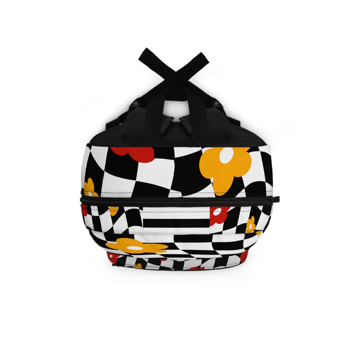 LuckeLadybug checkered backpack for teens featuring a colorful floral design on a black and white pattern