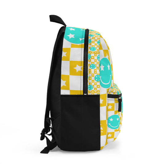 LuckeLadybug checkered backpack with smiley face design in yellow white and turquoise blue