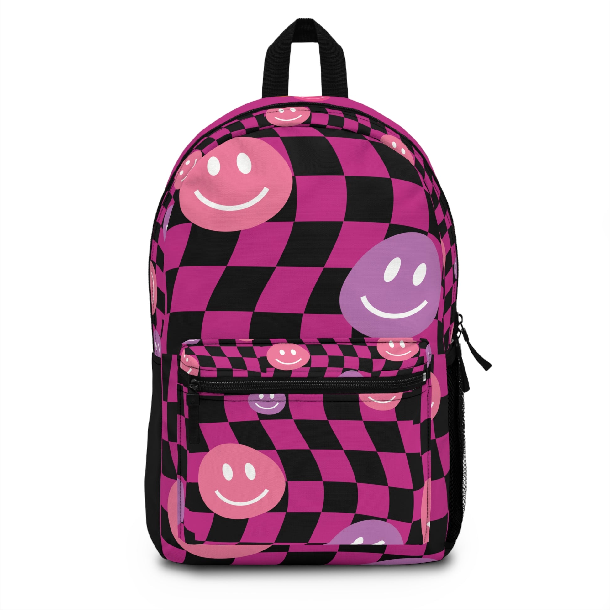 Checkered pink backpack with black squares and colorful smiling face patterns by luckeladybug