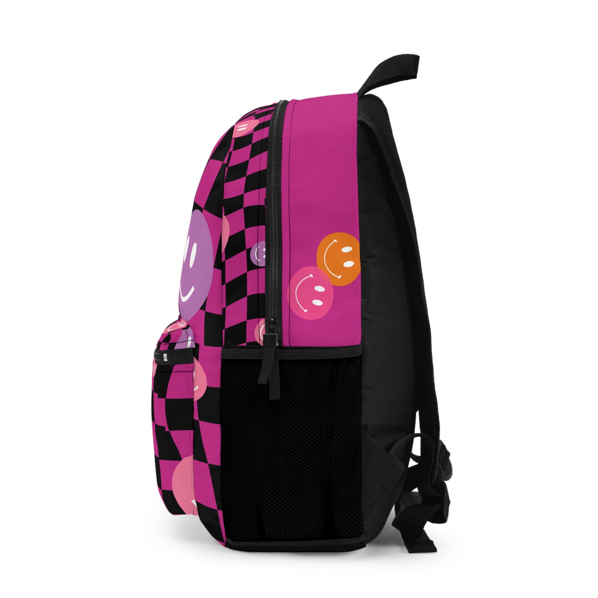 Side view of checkered pink backpack with smiley face designs and black mesh pocket