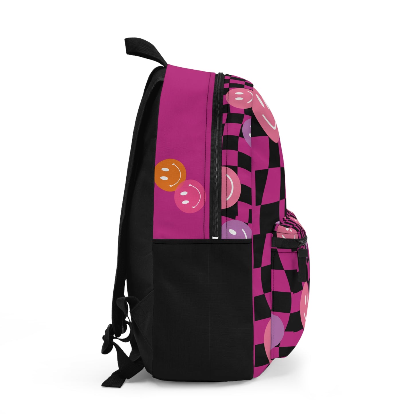 Side view of checkered pink backpack with smiley face designs and black adjustable straps