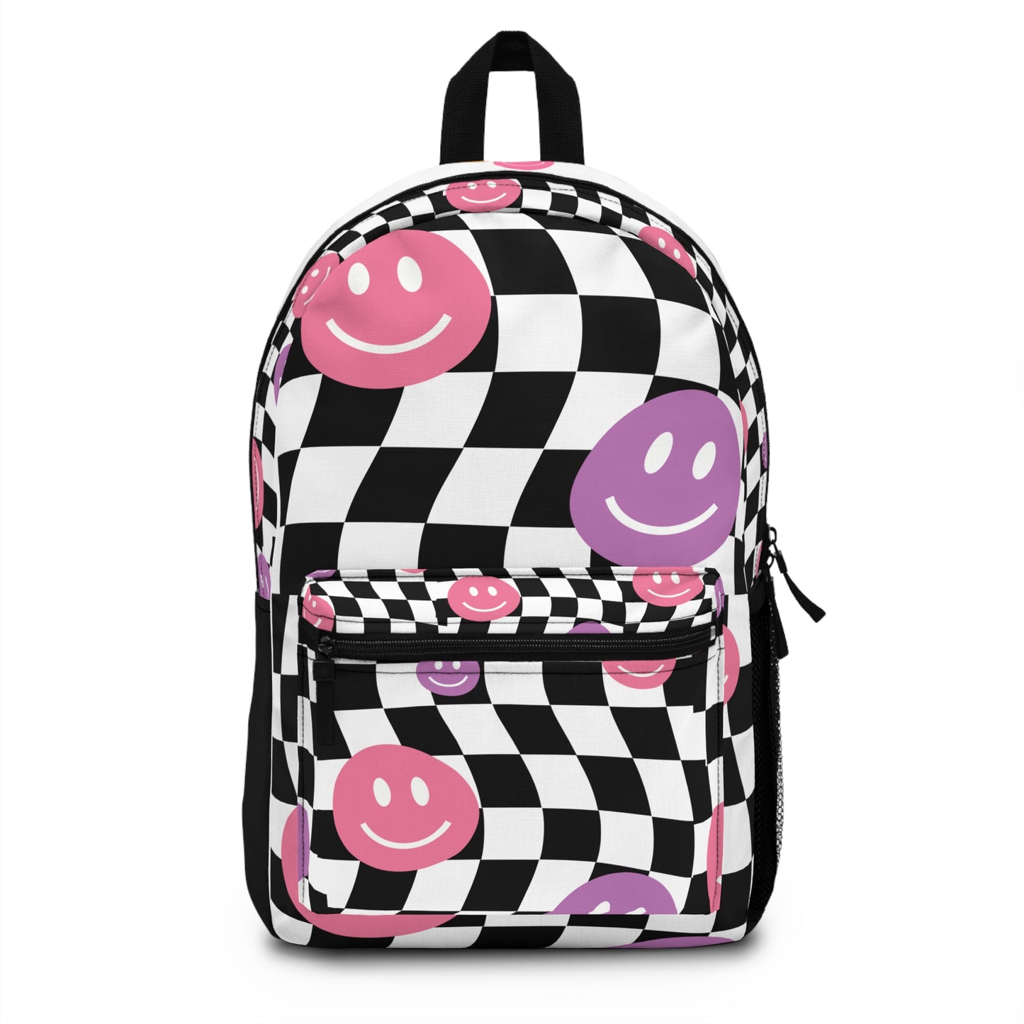 Checkered smiley face backpack with black and white pattern and pink and purple smiley faces by LuckeLadybug