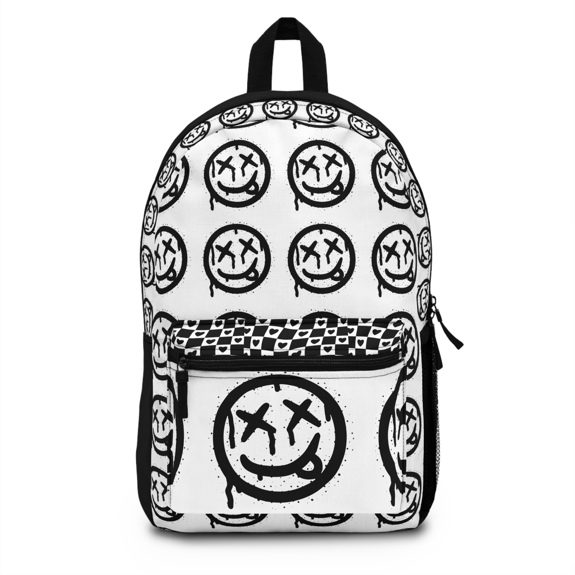 LuckeLadybug checkered smiley face backpack with black and white smiley patterns and front pocket