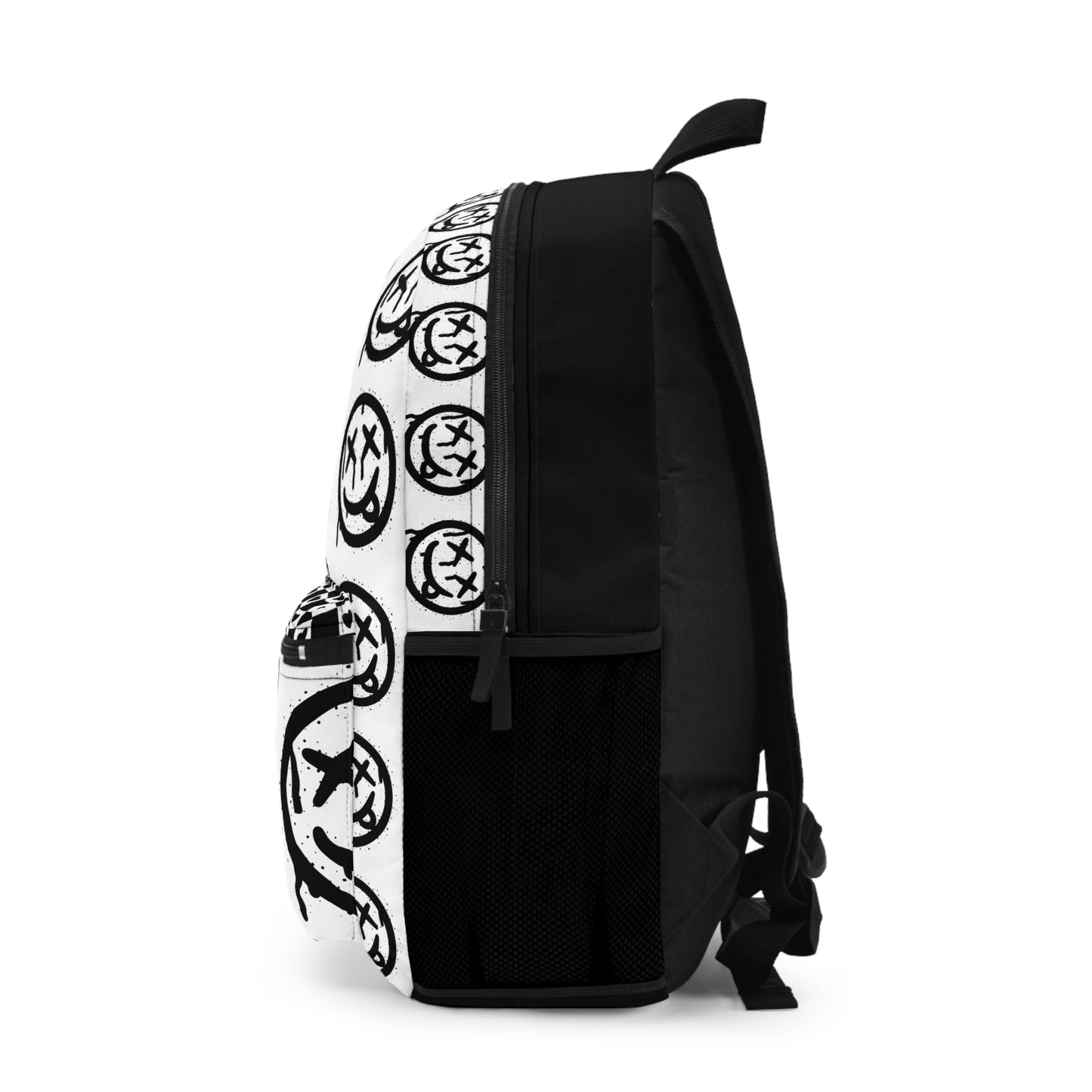 Side view of LuckeLadybug checkered smiley face backpack with black and white smiley pattern