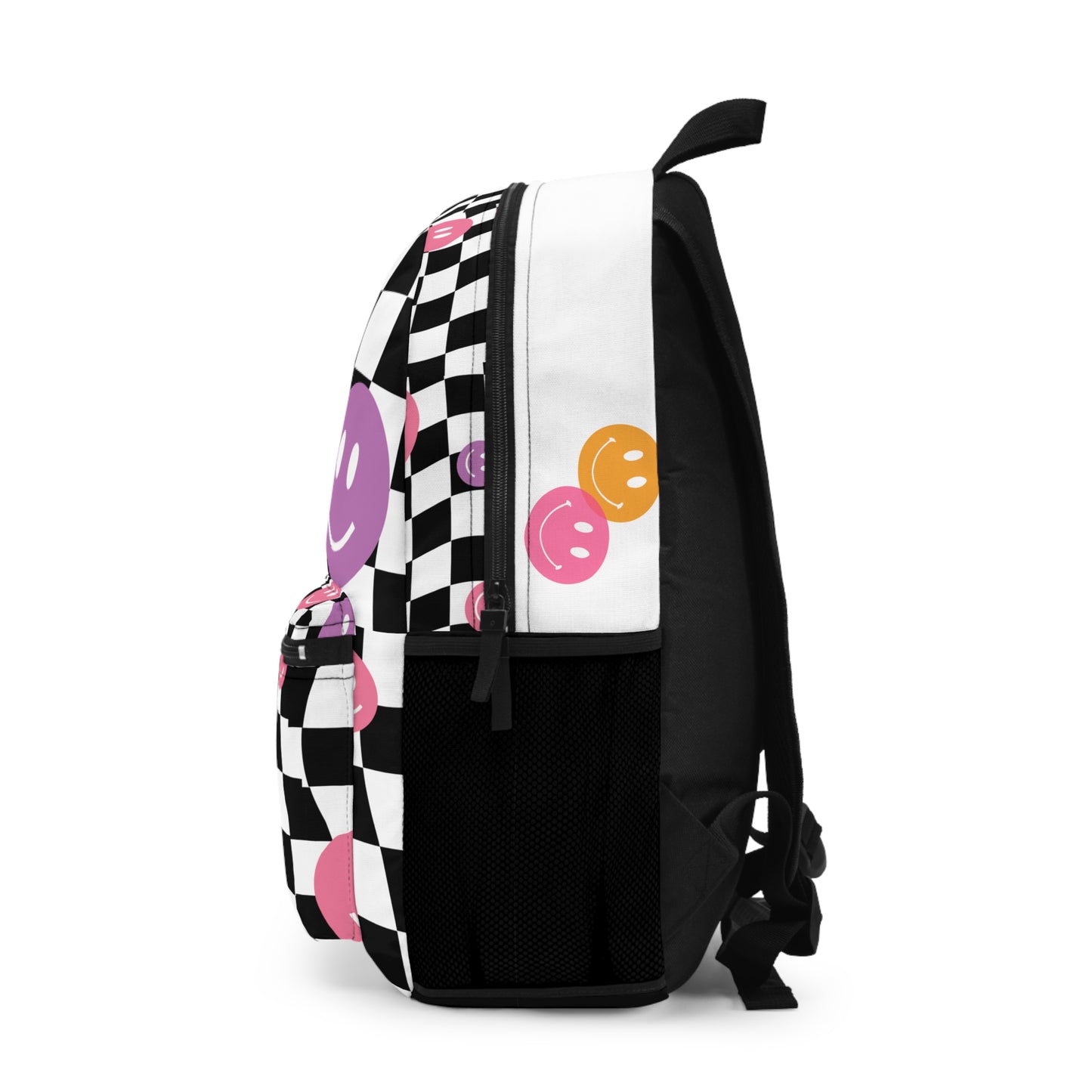 LuckeLadybug checkered smiley face backpack with black and white squares and colorful smiley faces