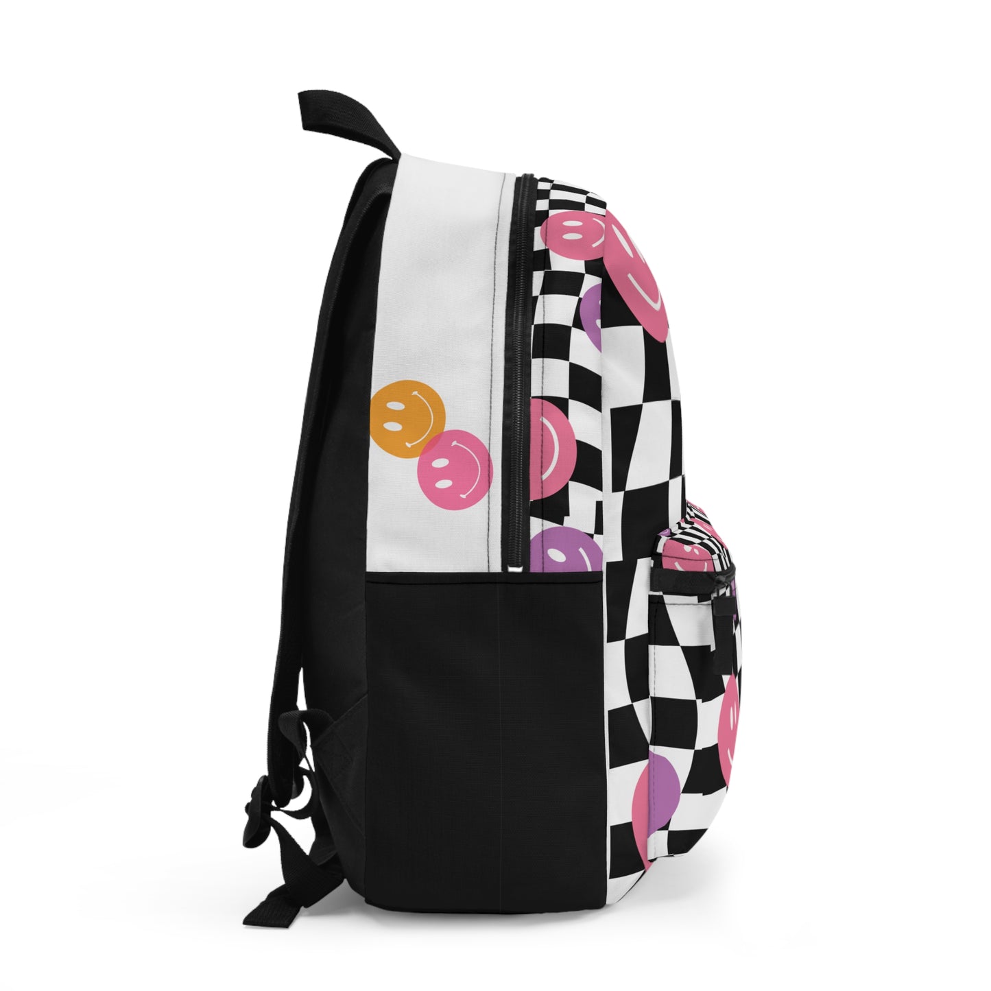 Side view of LuckeLadybug checkered smiley face backpack with black and white squares and colorful smiley faces