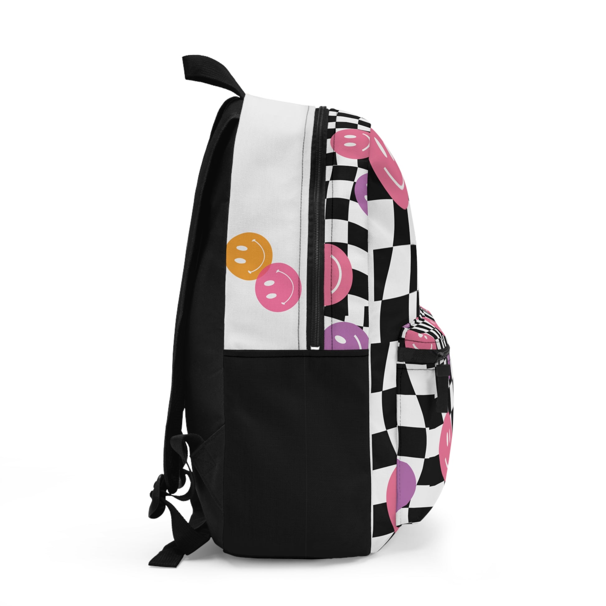 Side view of LuckeLadybug checkered smiley face backpack with black and white squares and colorful smiley faces