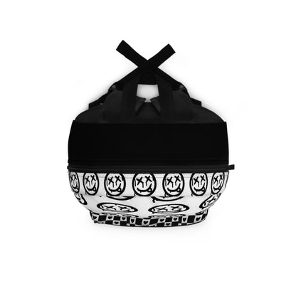 Black and white checkered smiley face backpack with crossed eyes design by LuckeLadybug