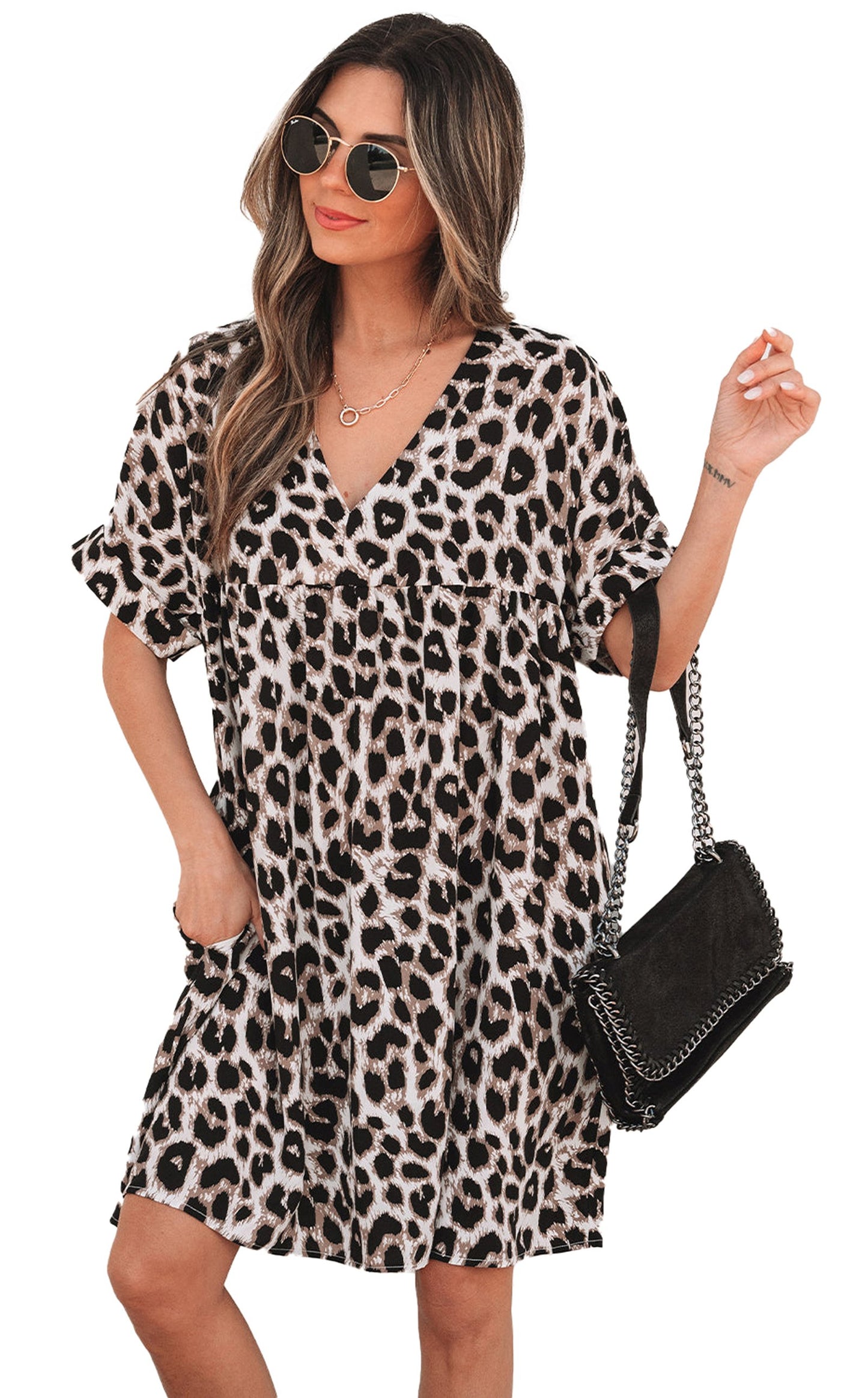 LuckeLadybug cheetah print mini dress with short sleeves and a relaxed fit, ideal for casual outings