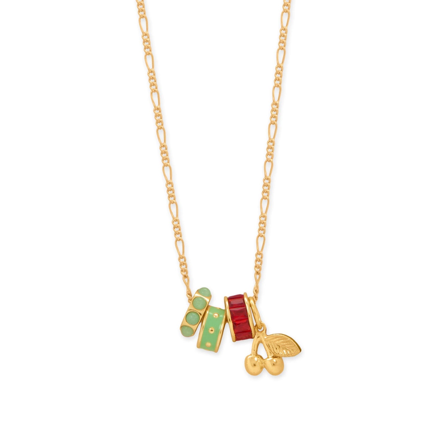 Cherry charm gold necklace featuring colorful beaded accents and delicate chain design