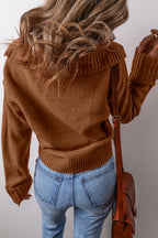 Back view of a chestnut v neck sweater for women with ribbed cuffs and hem, styled with jeans