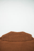 Back view of a chestnut v neck sweater for women from LuckeLadybug LLC featuring a ribbed collar