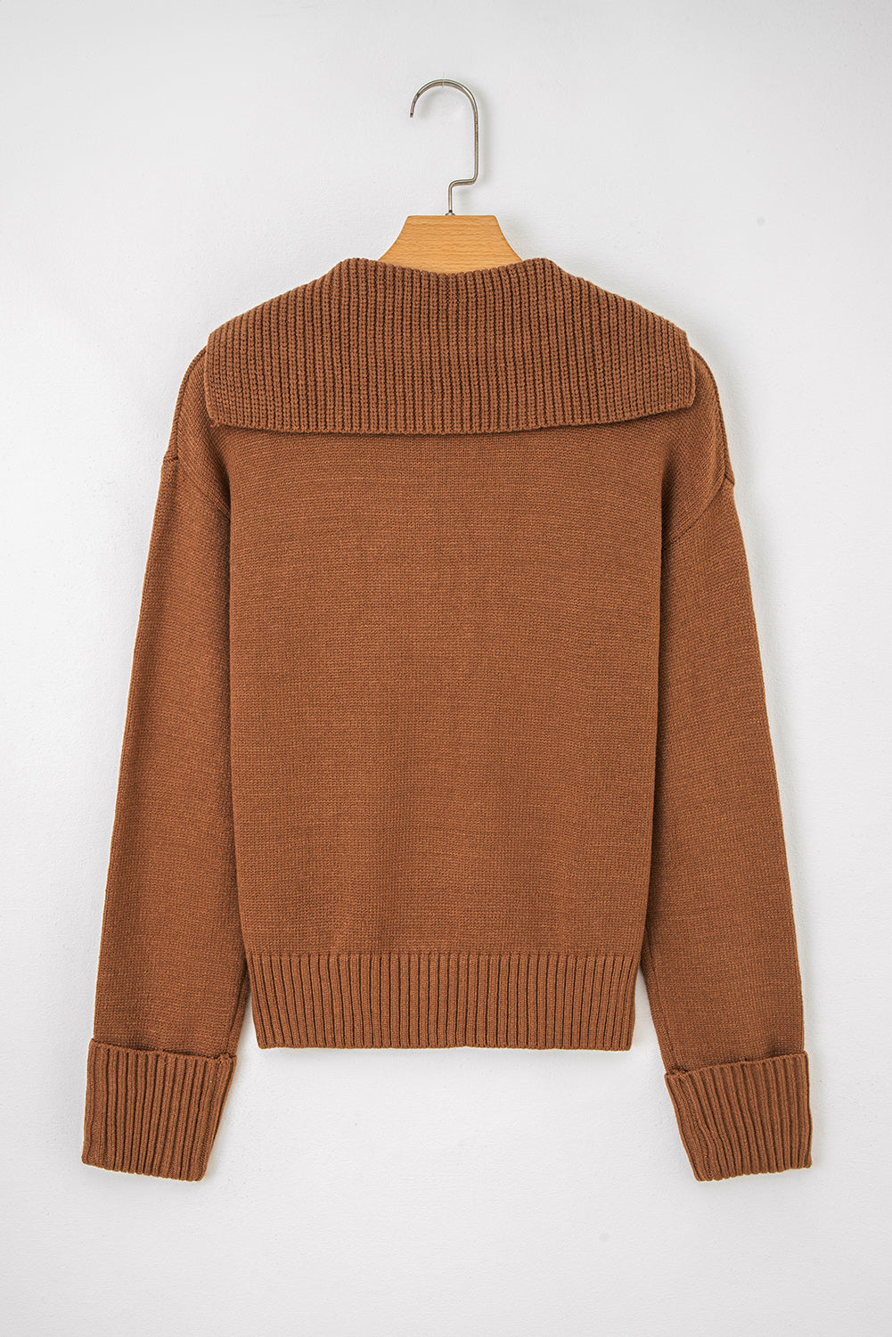 Back view of a chestnut v neck sweater for women with ribbed collar and cuffs