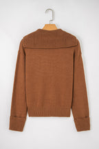 Back view of a chestnut v neck sweater for women with ribbed collar and cuffs