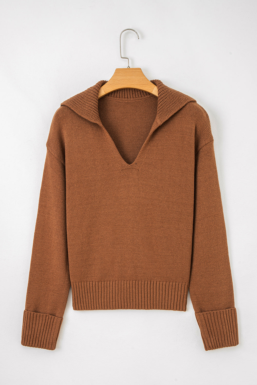 Chestnut v neck sweater for women by LuckeLadybug LLC with ribbed cuffs and collar