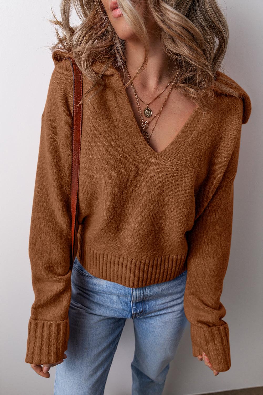 Chestnut v neck sweater for women with ribbed cuffs and stylish cozy fit from LuckeLadybug LLC