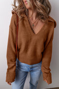Chestnut v neck sweater for women with ribbed cuffs and stylish cozy fit from LuckeLadybug LLC