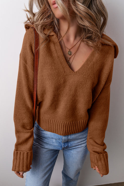Chestnut v neck sweater for women with ribbed cuffs and stylish cozy fit from LuckeLadybug LLC