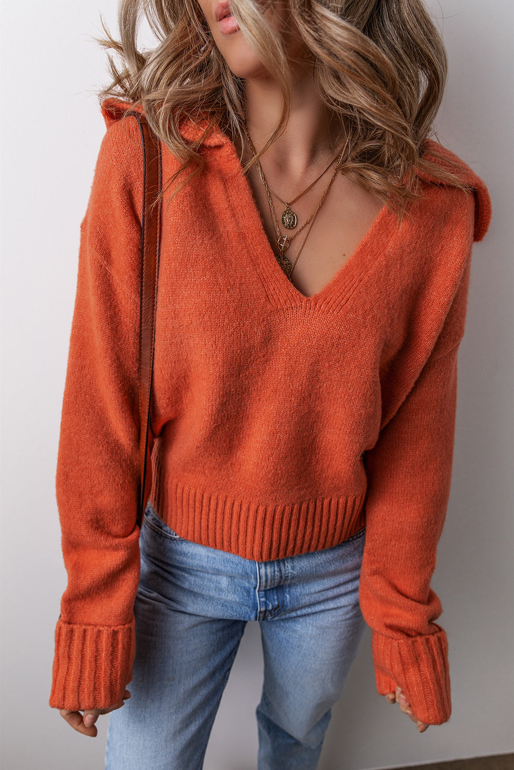Chestnut v neck sweater for women with cozy knitted design and relaxed fit