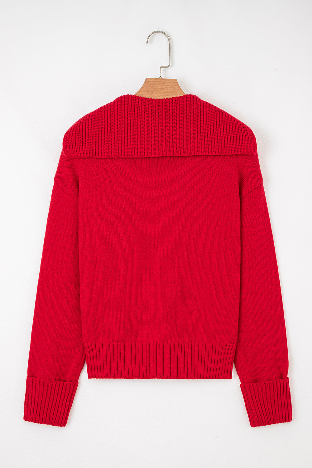 Red sweater with ribbed neckline and cuffs, perfect for layering, from LuckeLadybug LLC, featuring a chestnut v neck sweater for women
