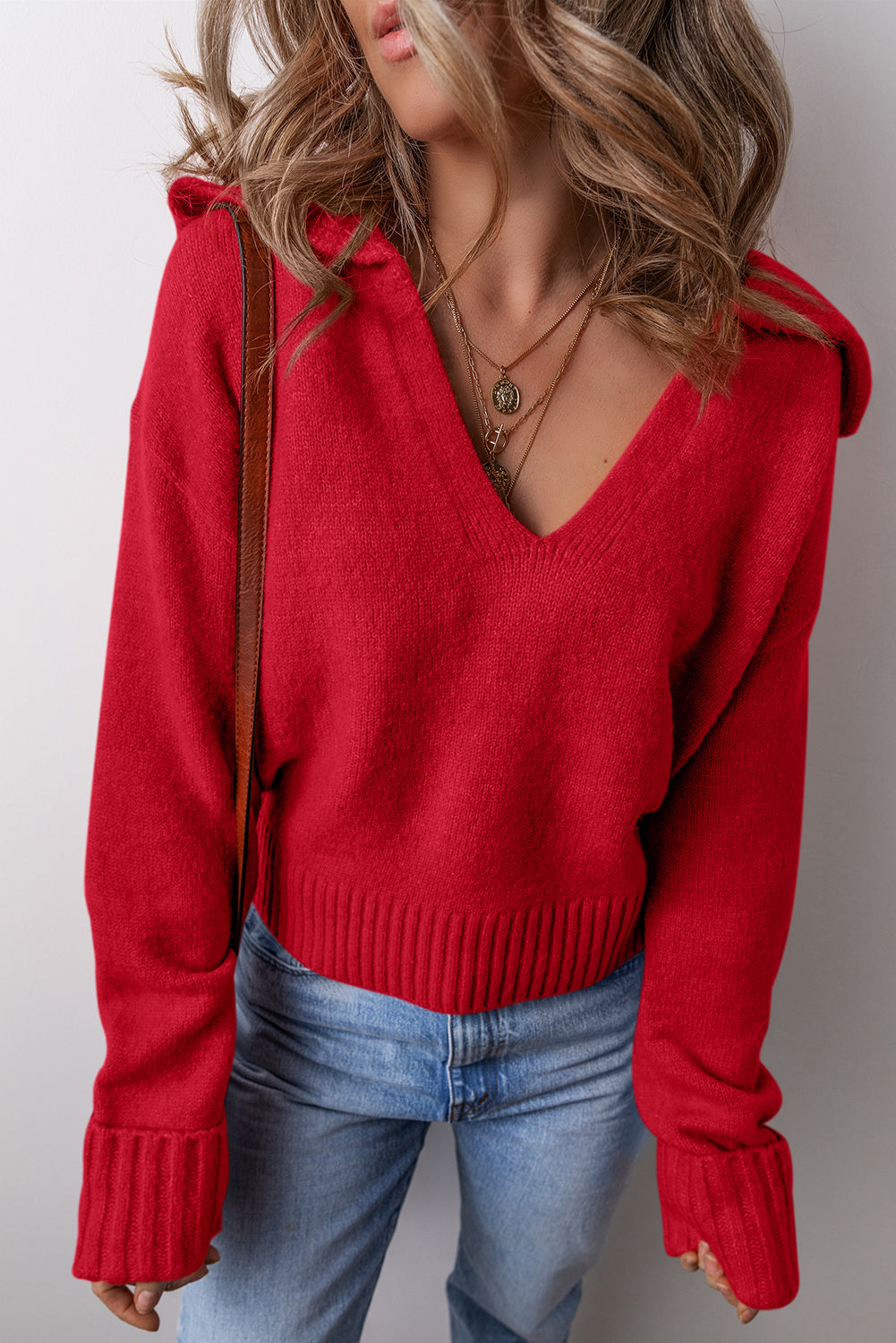 Trendy red chestnut v neck sweater for women with long sleeves and ribbed hem