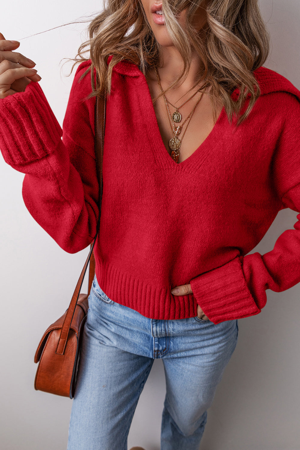 Chestnut v neck sweater for women featuring a cozy design and ribbed cuffs for a stylish look