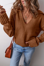 Chestnut v neck sweater for women with oversized sleeves and ribbed hem paired with blue jeans