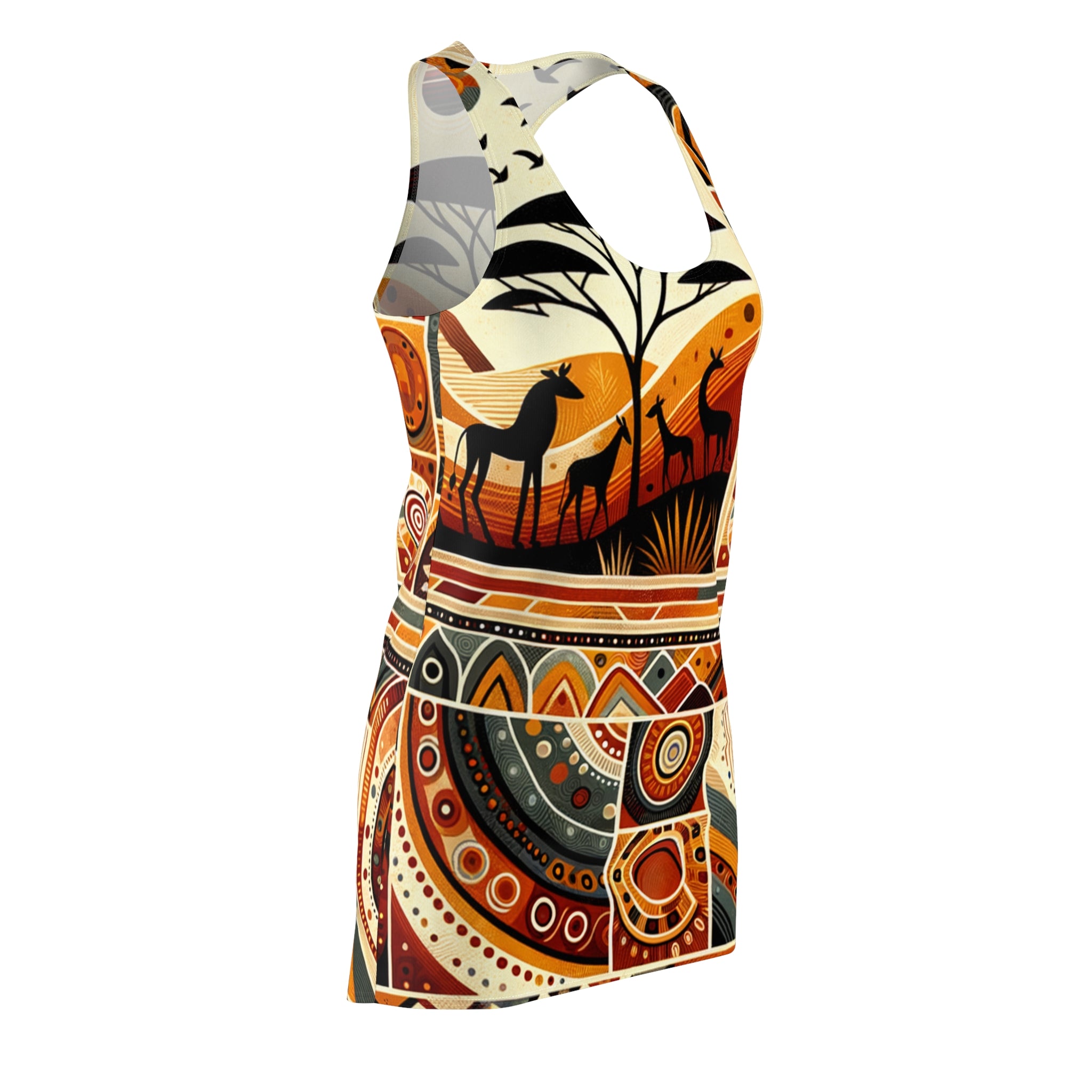 chic African print dress for women with racerback style featuring vibrant wildlife and geometric patterns