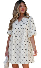Dear Lover Dropshipping white bowtie mini dress with V neck puff sleeves tassel ties for casual summer wear