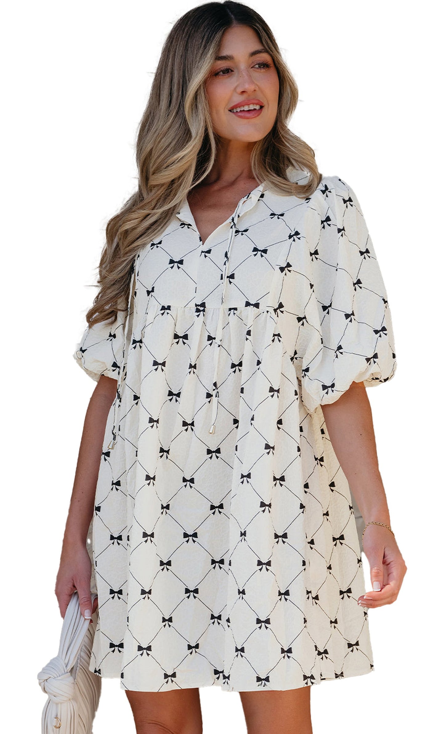 Dear Lover Dropshipping white bowtie mini dress with V neck puff sleeves tassel ties for casual summer wear