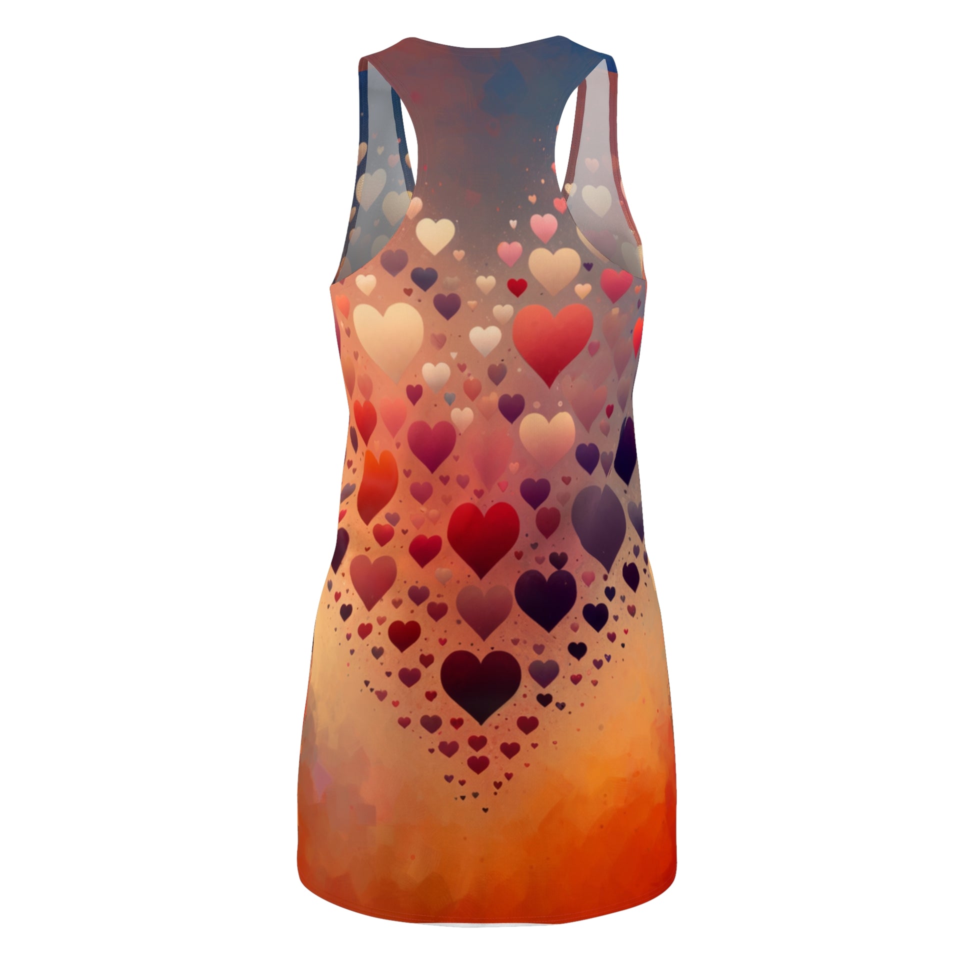 Luckeladybug chic summer racerback dress with colorful heart pattern on orange gradient background