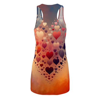 Luckeladybug chic summer racerback dress with colorful heart pattern on orange gradient background