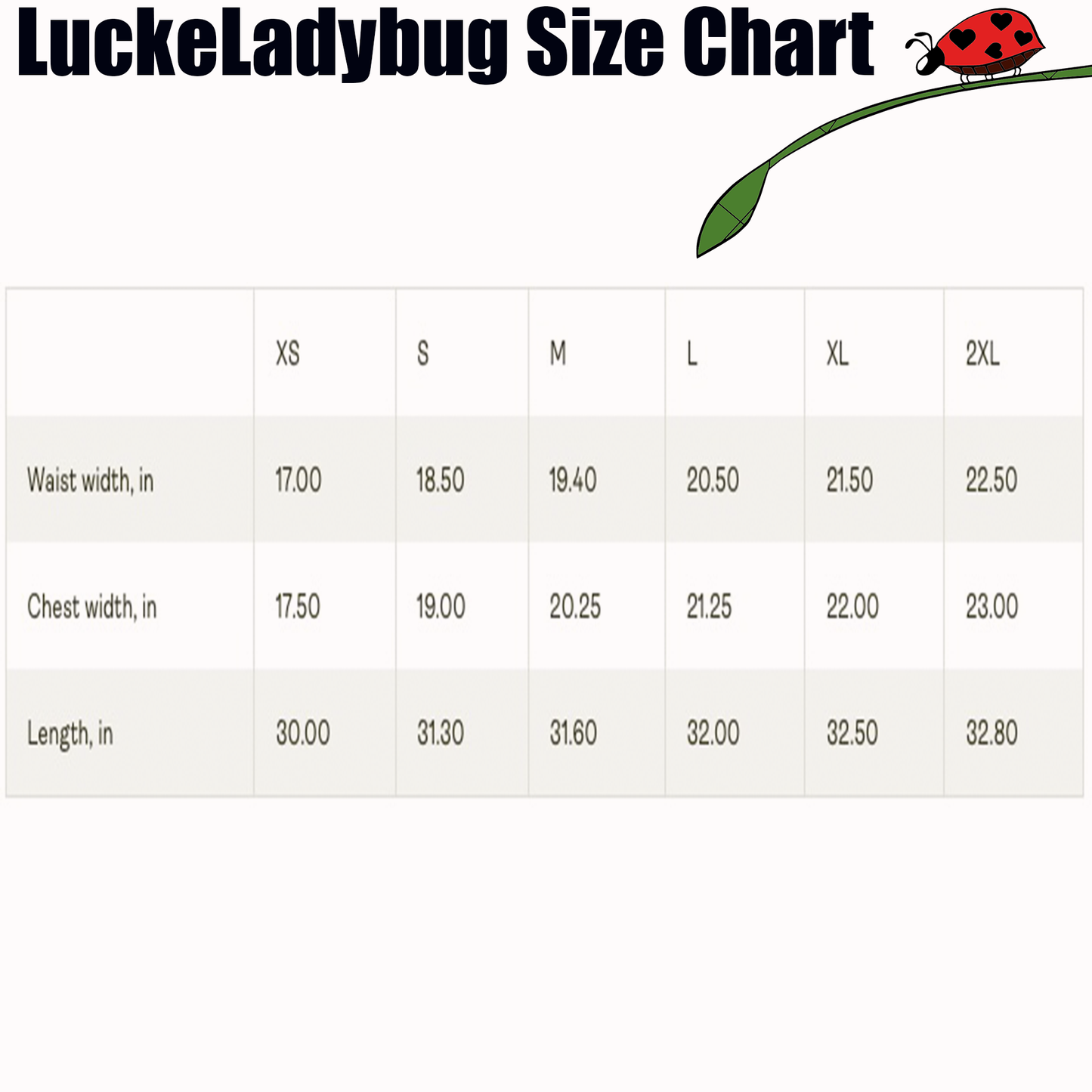 LuckeLadybug size chart for chic summer racerback dress showing waist, chest, and length measurements in inches