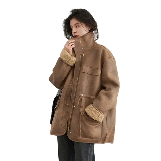 LuckeLadybug women's reversible suede winter jacket in brown with plush lining and pockets