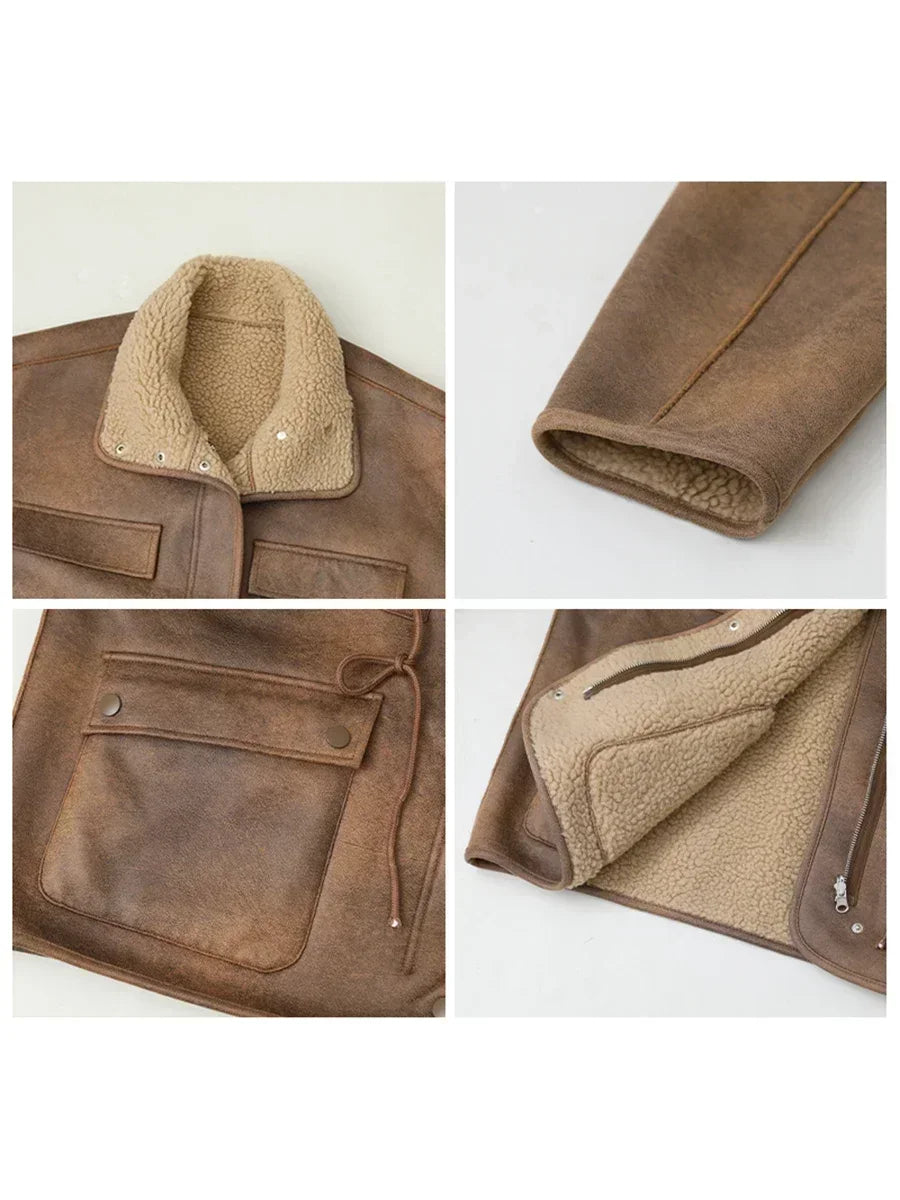 Detailed view of women's reversible suede winter jacket showcasing soft lining and pockets