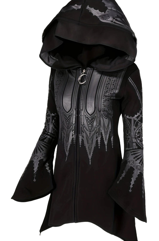 Chic womens hoodie with unique black design and flared sleeves for a stylish look