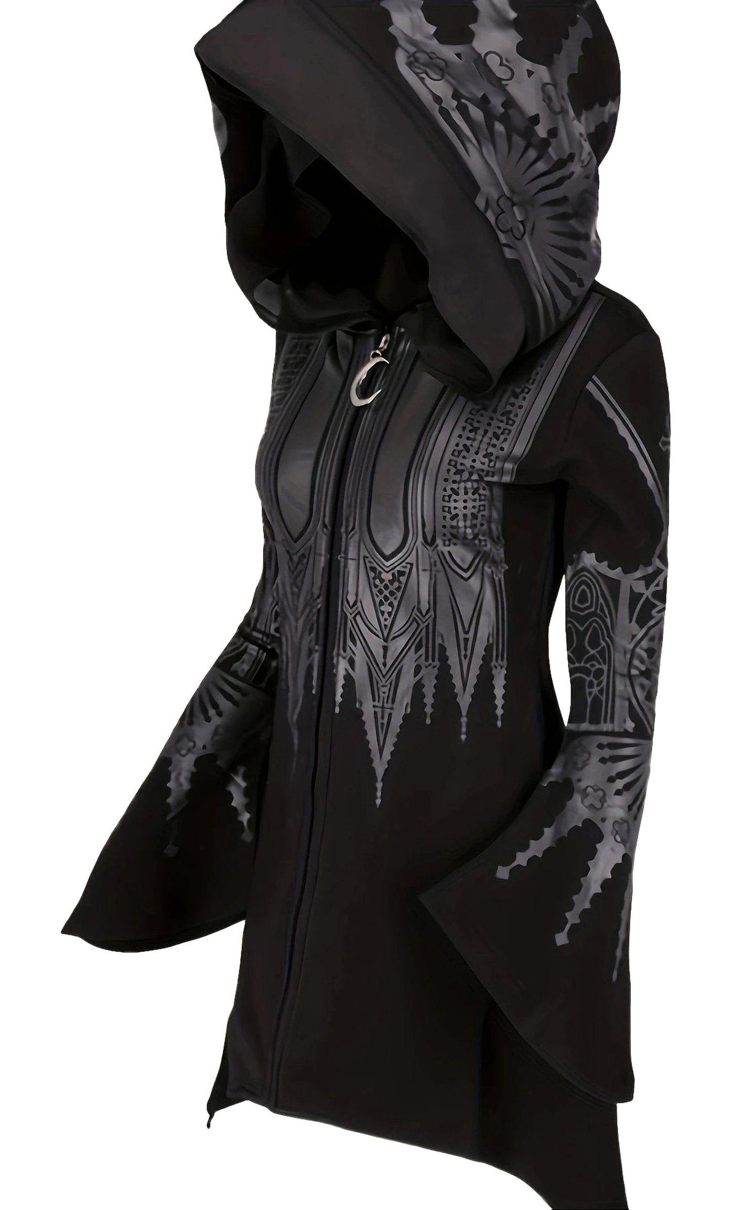 Stylish black chic womens hoodie with intricate patterns and a unique flared design