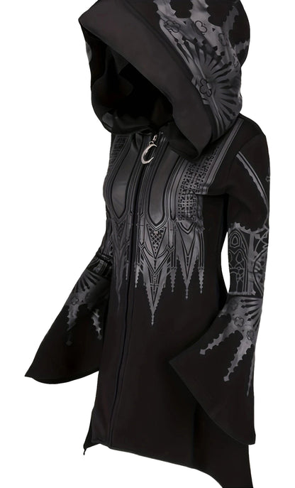 Stylish black chic womens hoodie with intricate patterns and a unique flared design