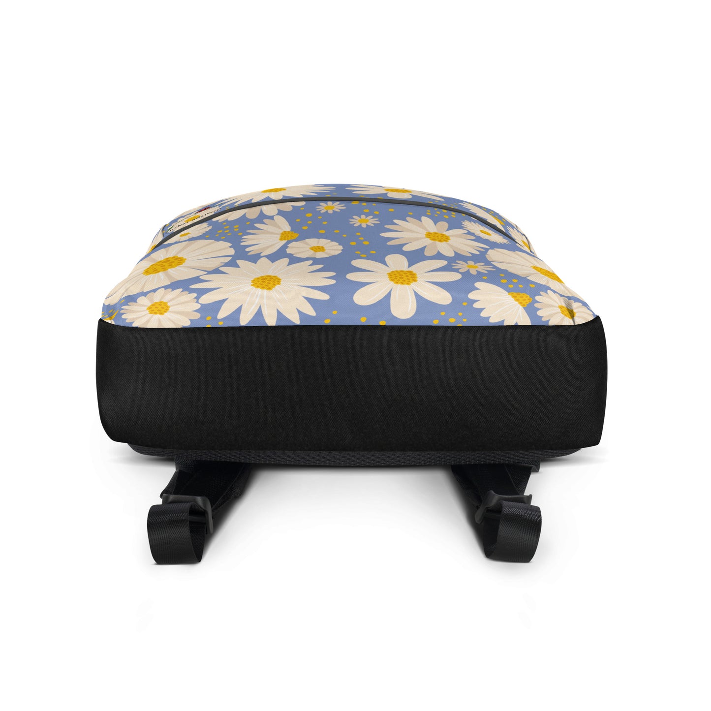 LuckeLadybug trendy flower backpack with white daisies on blue background and black base