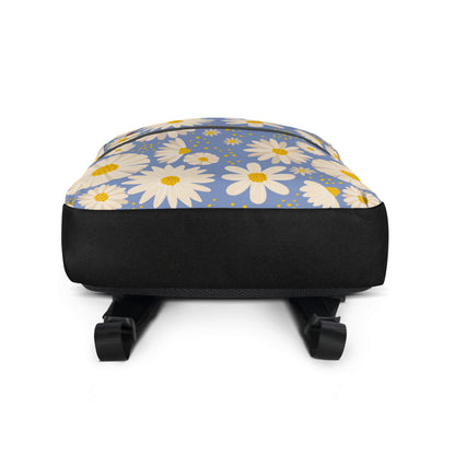 LuckeLadybug trendy flower backpack with white daisies on blue background and black base