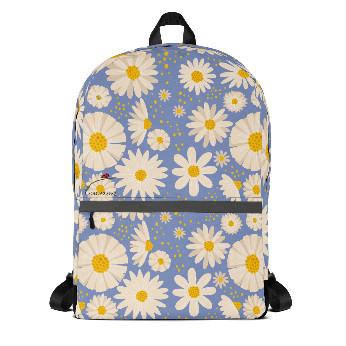 LuckeLadybug trendy flower backpack with white daisies on blue background and front zipper pocket