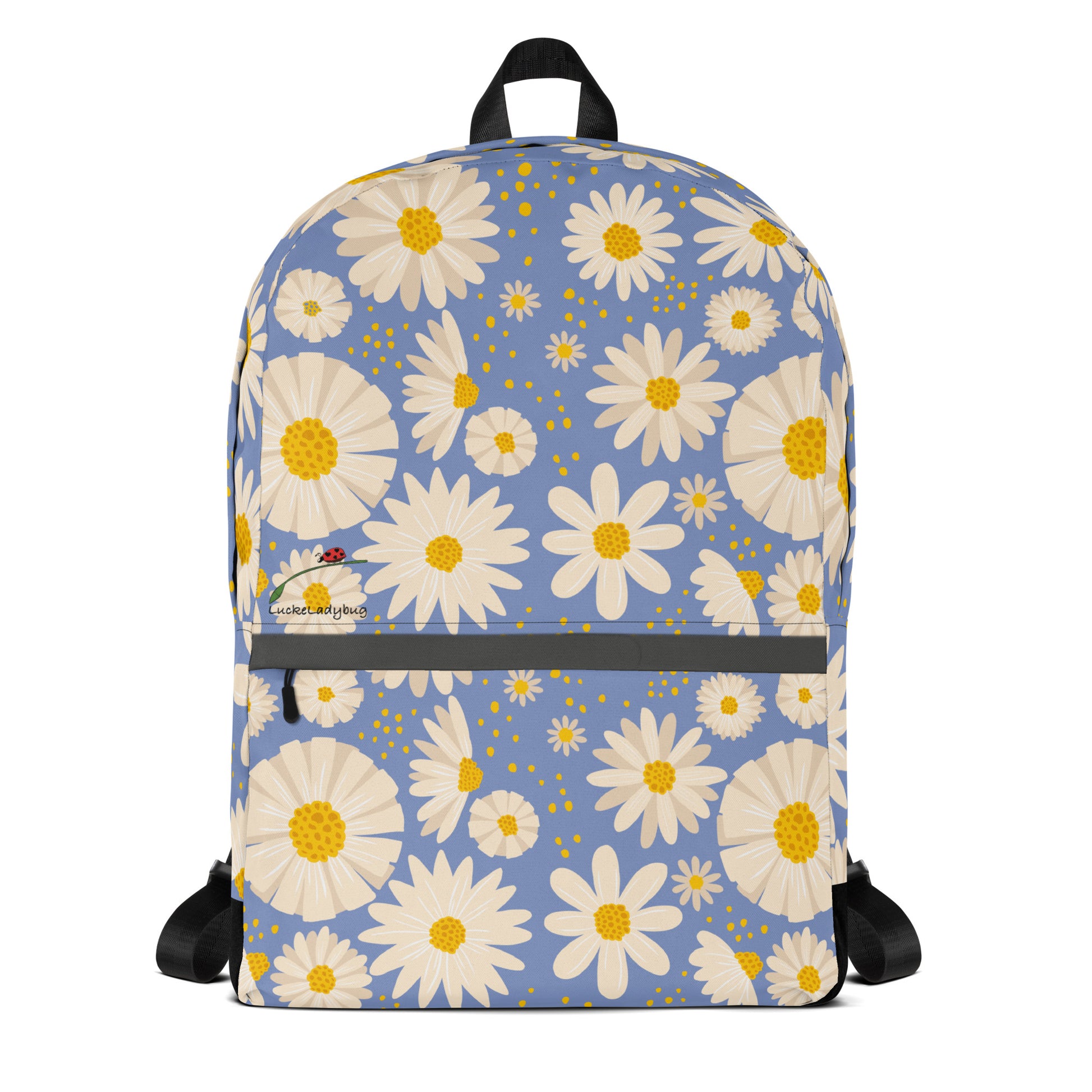 LuckeLadybug trendy flower backpack with white daisies on blue background and front zipper pocket