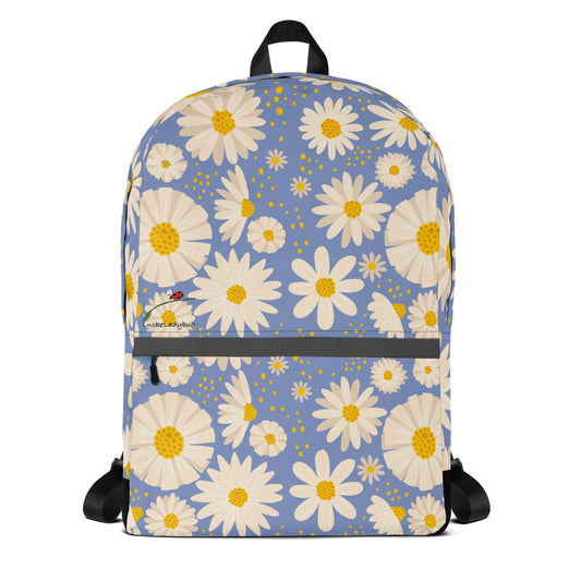 LuckeLadybug trendy flower backpack with white daisies on blue background and front zipper pocket