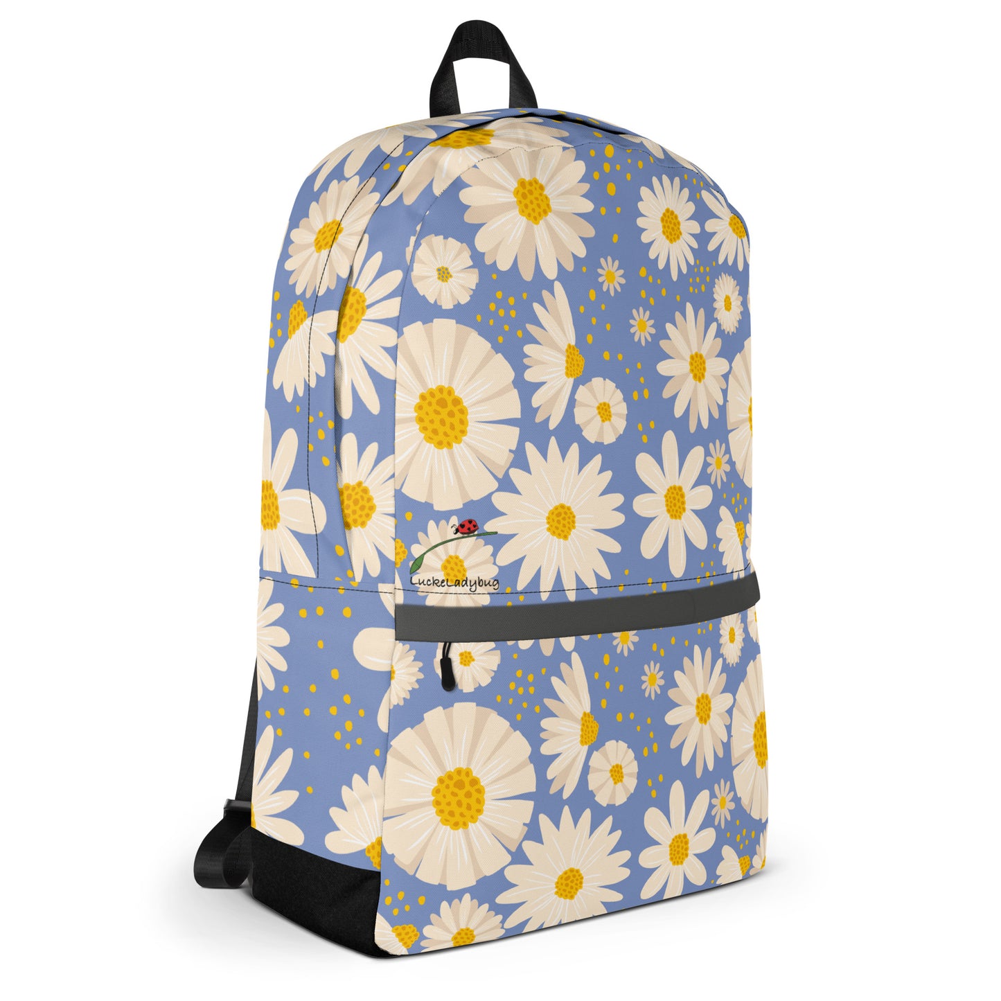 LuckeLadybug trendy flower backpack with white daisies on blue background and black straps