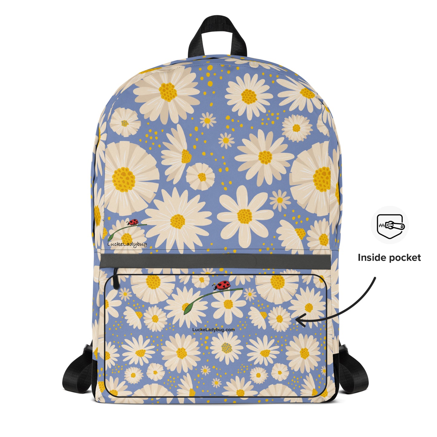 LuckeLadybug trendy flower backpack with white daisies and yellow centers on blue background