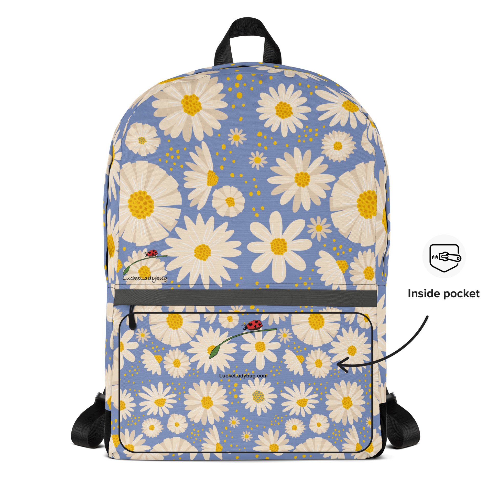 LuckeLadybug trendy flower backpack with white daisies and yellow centers on blue background